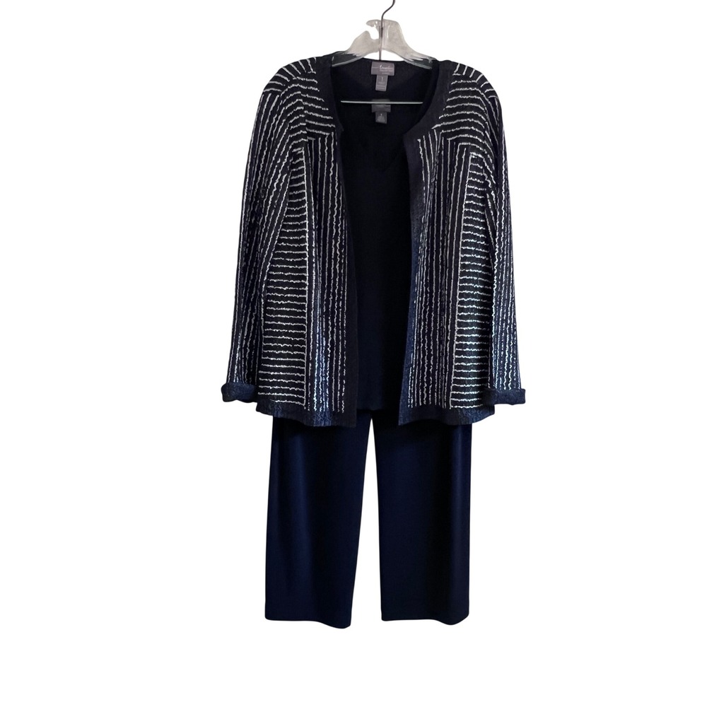 Chicos Travelers Collection 3 Piece Set Jacket Tank Pants Navy White Size Medium